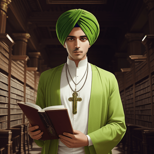 AI generated: portrait of a male priest of hesinde inside a temple library, short curly hair, lime colored clothes...