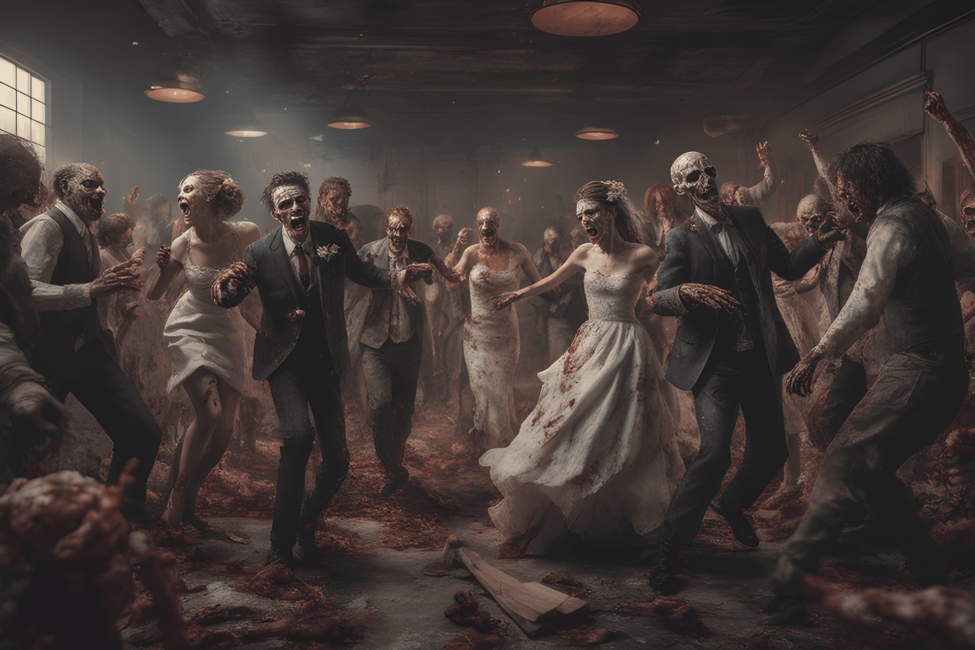 AI generated: A zombie Wedding,dancing,Musicband,rotten food,all person are Zombies,ripped dirty clothes,creepy de...