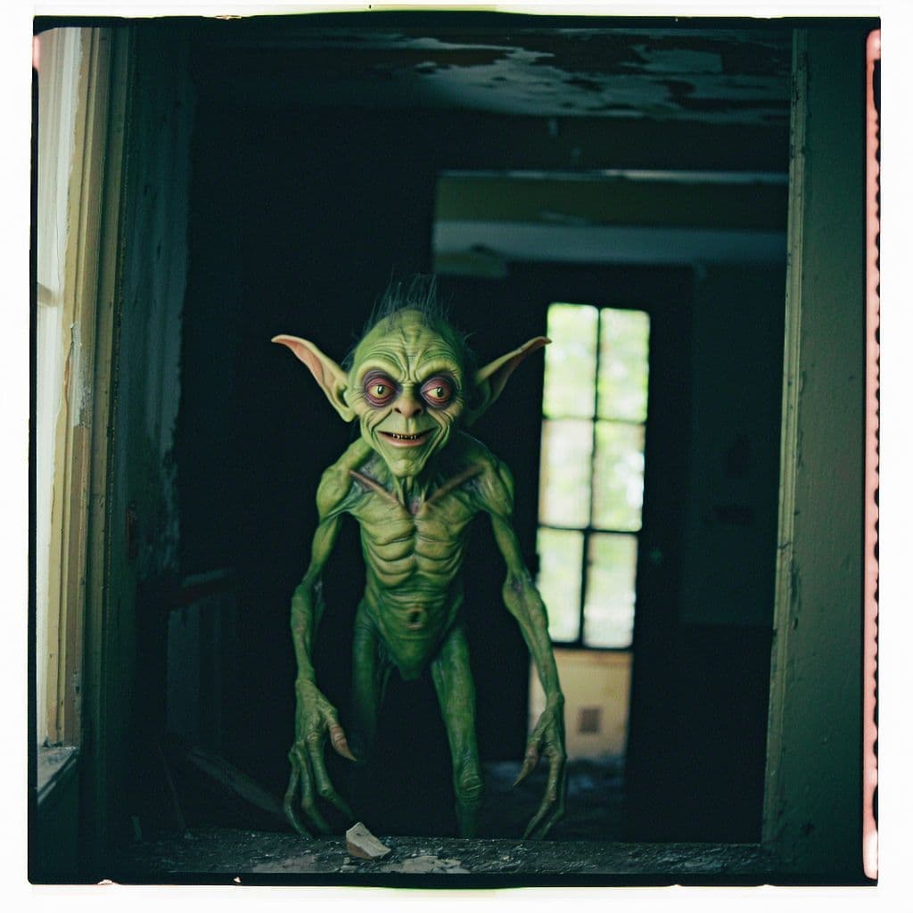 AI generated: grainy 80's photograph quality polaroid of a goblin caught in an abandoned house, dark, uncanny
