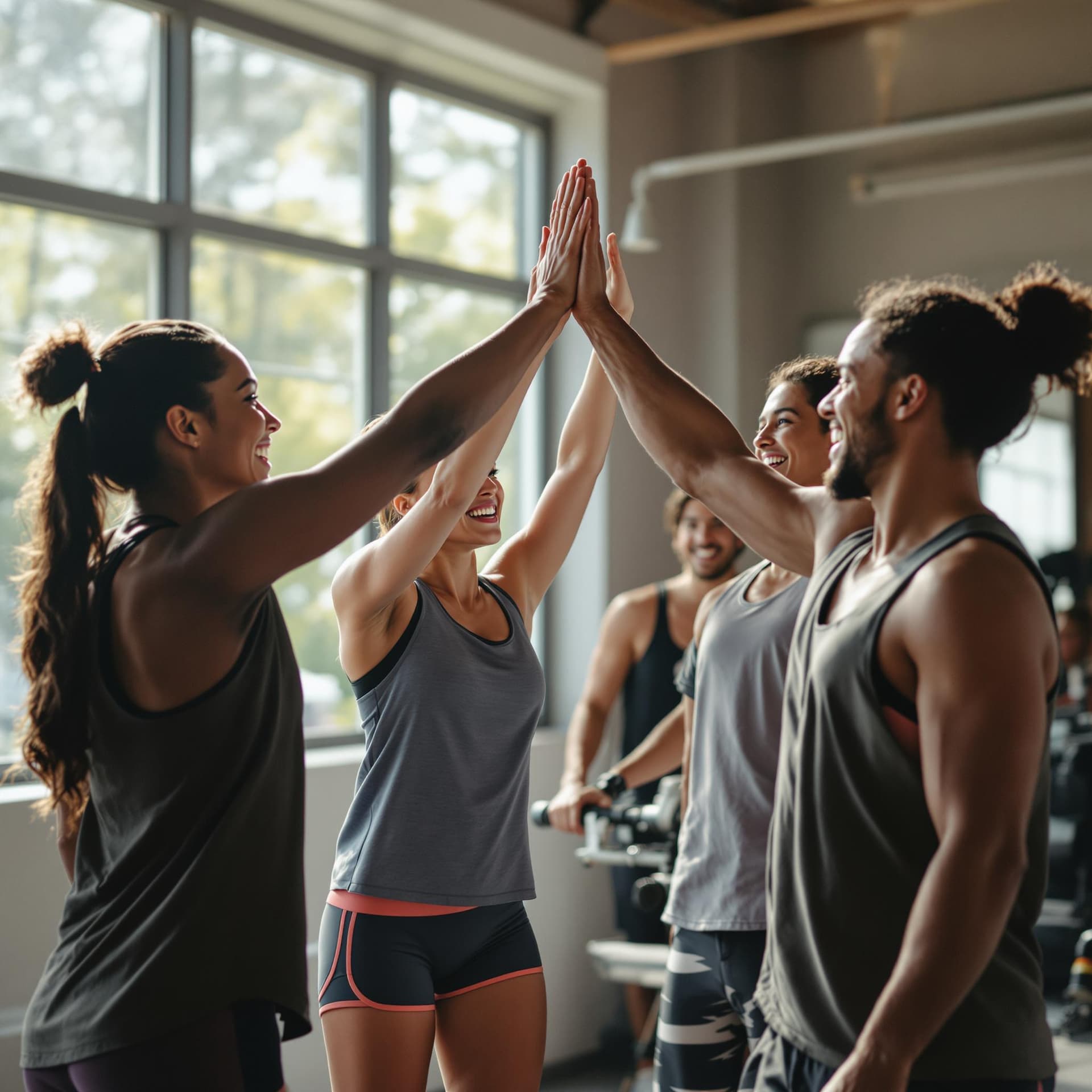 AI generated: A group of friends high-fiving after completing a fitness challenge. dslr, ultra quality, sharp focu...