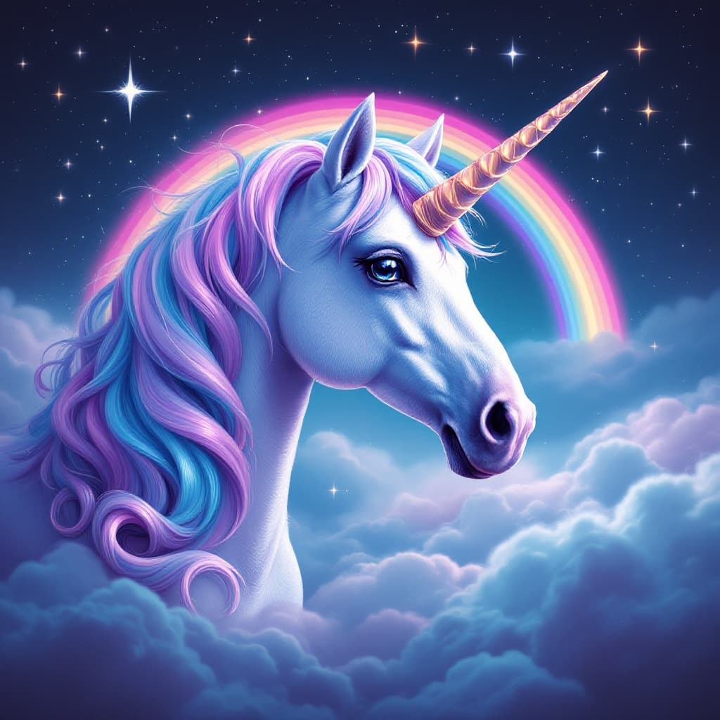 AI generated: Imagen de un unicornio en tonos pastel, con alto contraste y sobre un fondo de estrellas y arco iris...