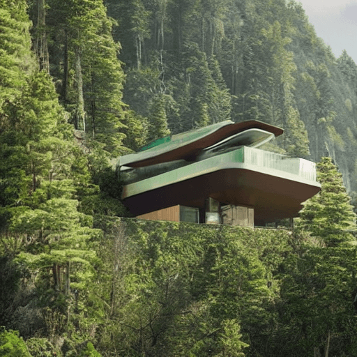 AI generated: futuristic single-level house overlooking a cliff, with a zoomed mountain-side in the background wit...