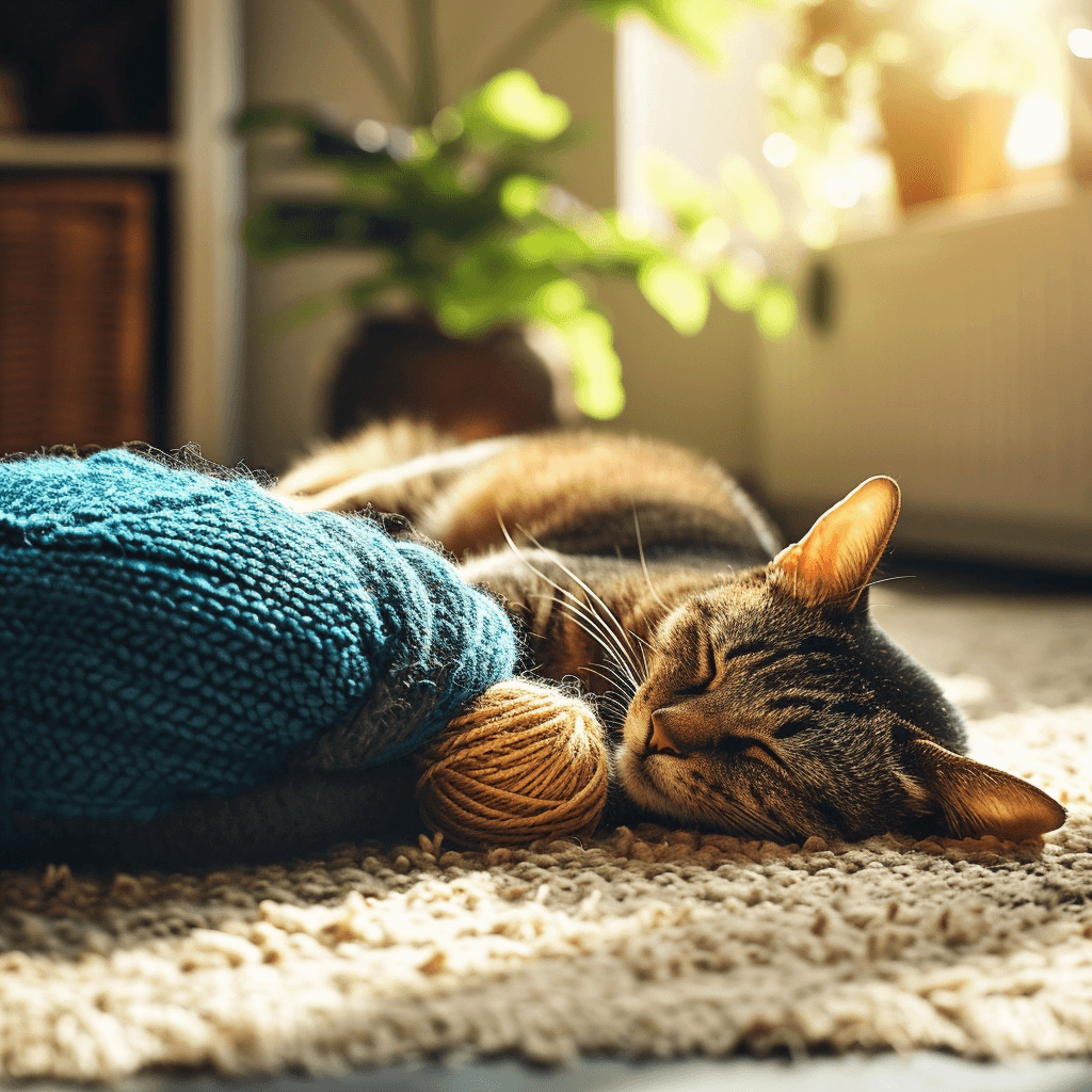 AI generated: Eine süße Katze spielt mit einem Garn wolle auf einem Teppich, Norwegian Forest Cat --no ugly, defor...