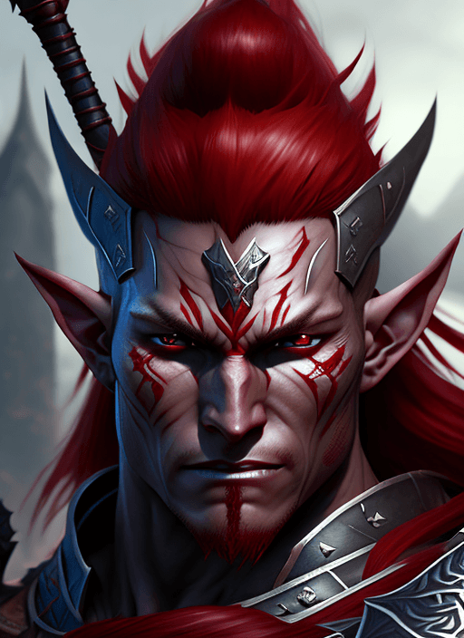 AI generated: evil male elf warrior with muscular grey skin and red hair, samurai armor, ultra realistic, concept ...