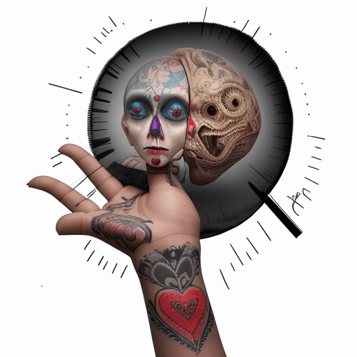 AI generated: tattoo, both hand manipulating like puppets brain and hearts

