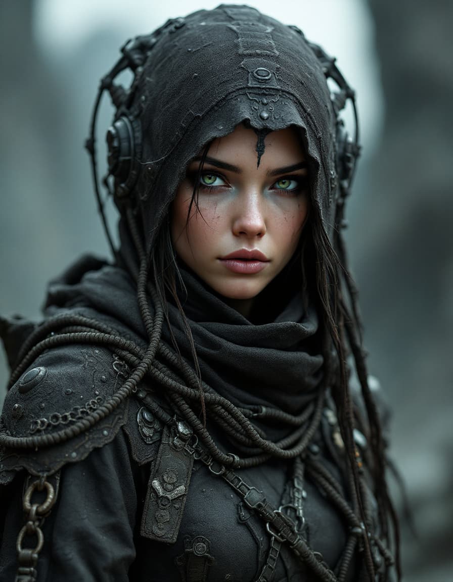 AI generated: portrait of a futuristic rugged female rebel wearing clothes showing body, seen full body, alien wor...