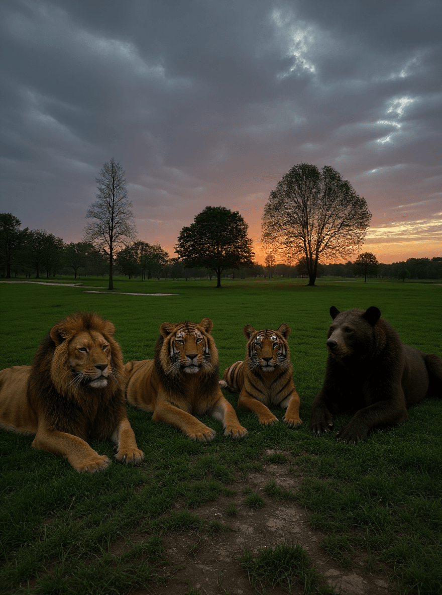 AI generated: lifelike lions and tigers and bears lying down to rest. Pastoral setting at dusk with peaceful atmos...