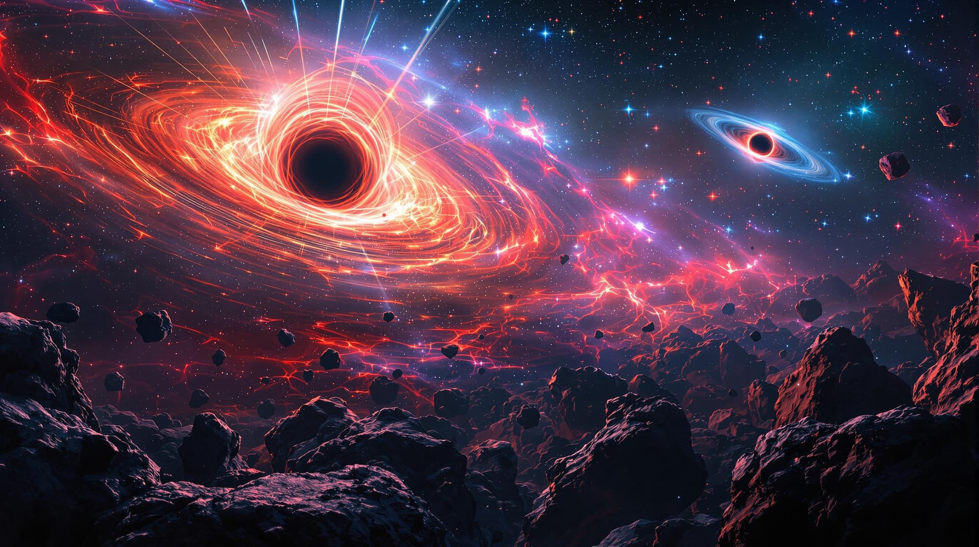 AI generated: asteroid fields and galaxies, creating an epic scifi scene. The background features colorful nebulae...