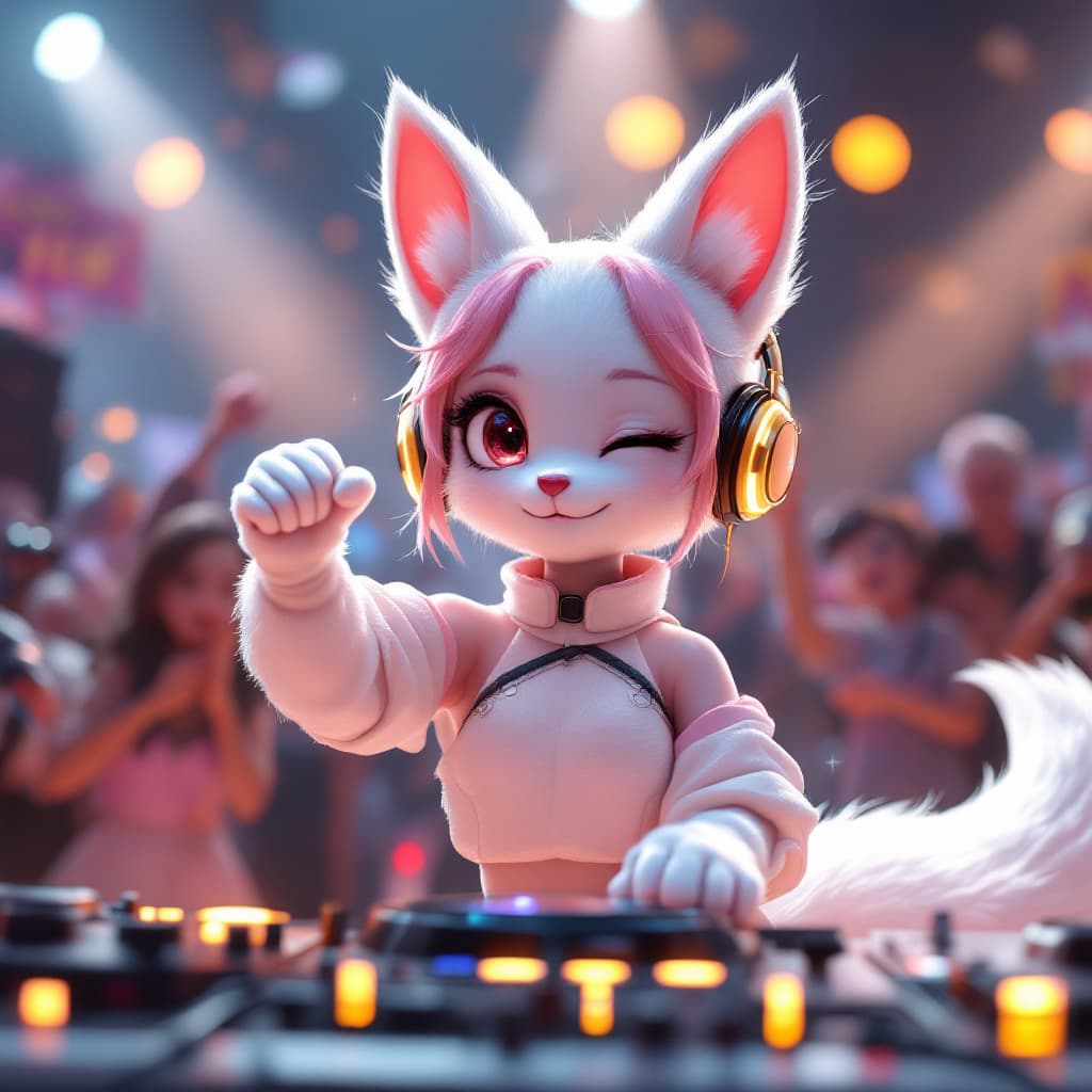 AI generated: No People in the background, white fox dark skin girl, thick tail, cat ears, 20s, DJing, machines ar...