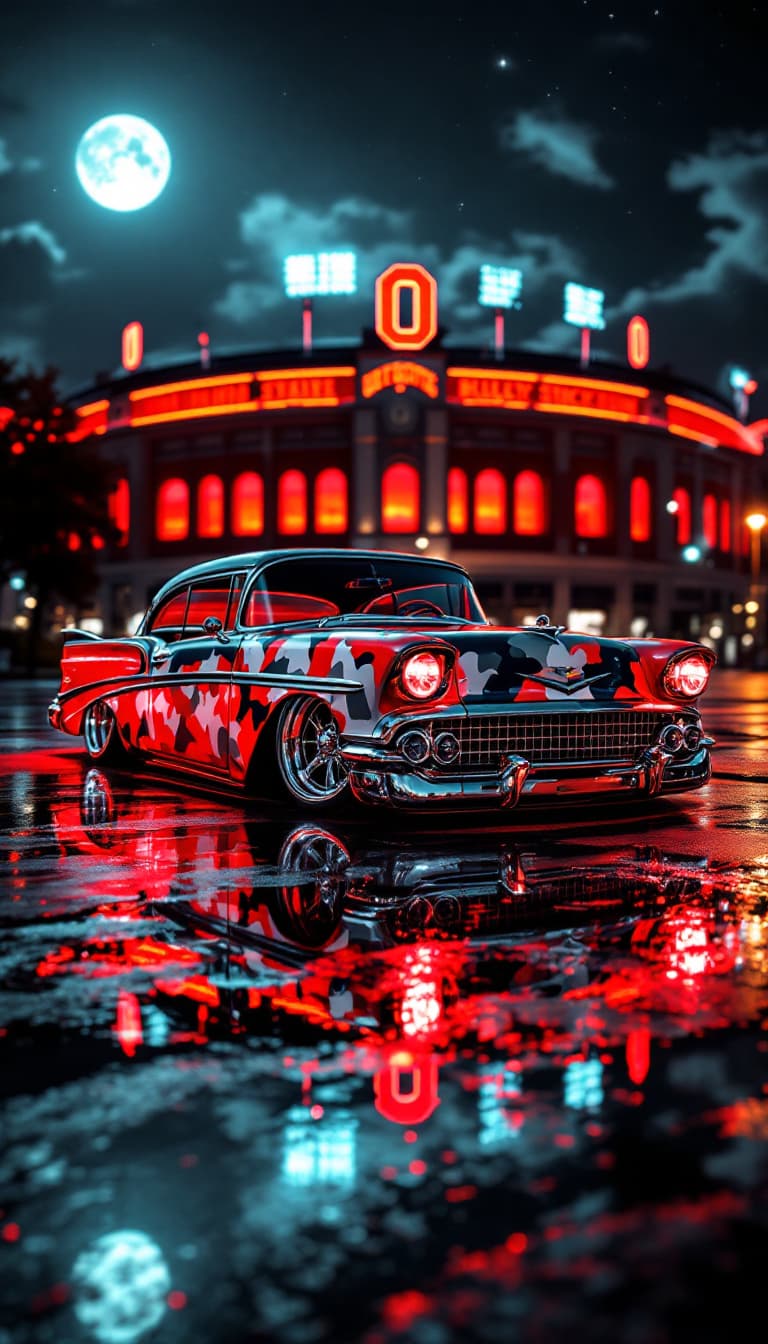 AI generated: A realistic portrait of a 1958 Chery Bel-Air from a front side view. The car is lowered with a shiny...