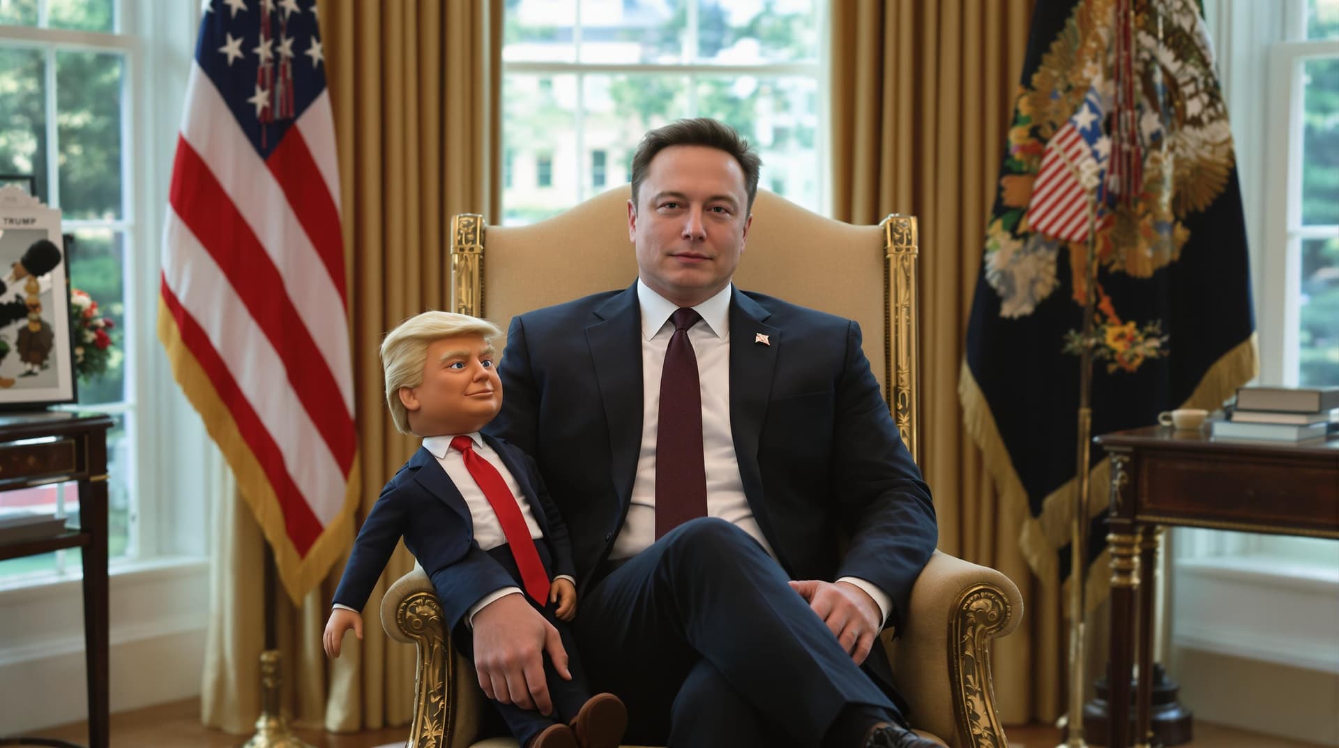 AI generated: Elon Musk sat on a chair in the white house, with a ventriloquist doll that looks like Donald Trump ...