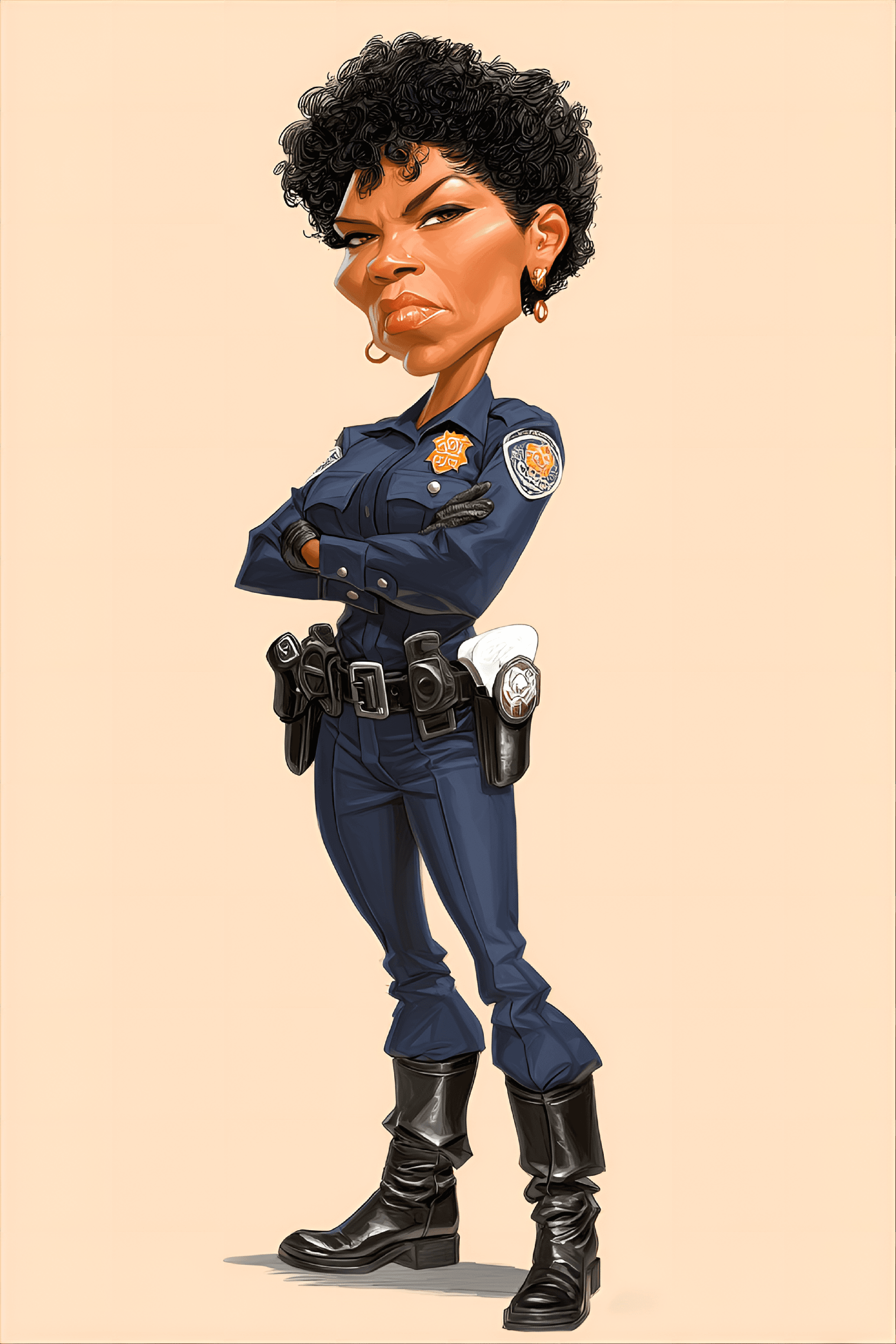 AI generated: funny caricature, tough police officer female caricature, mature black female, 38 years old, short c...