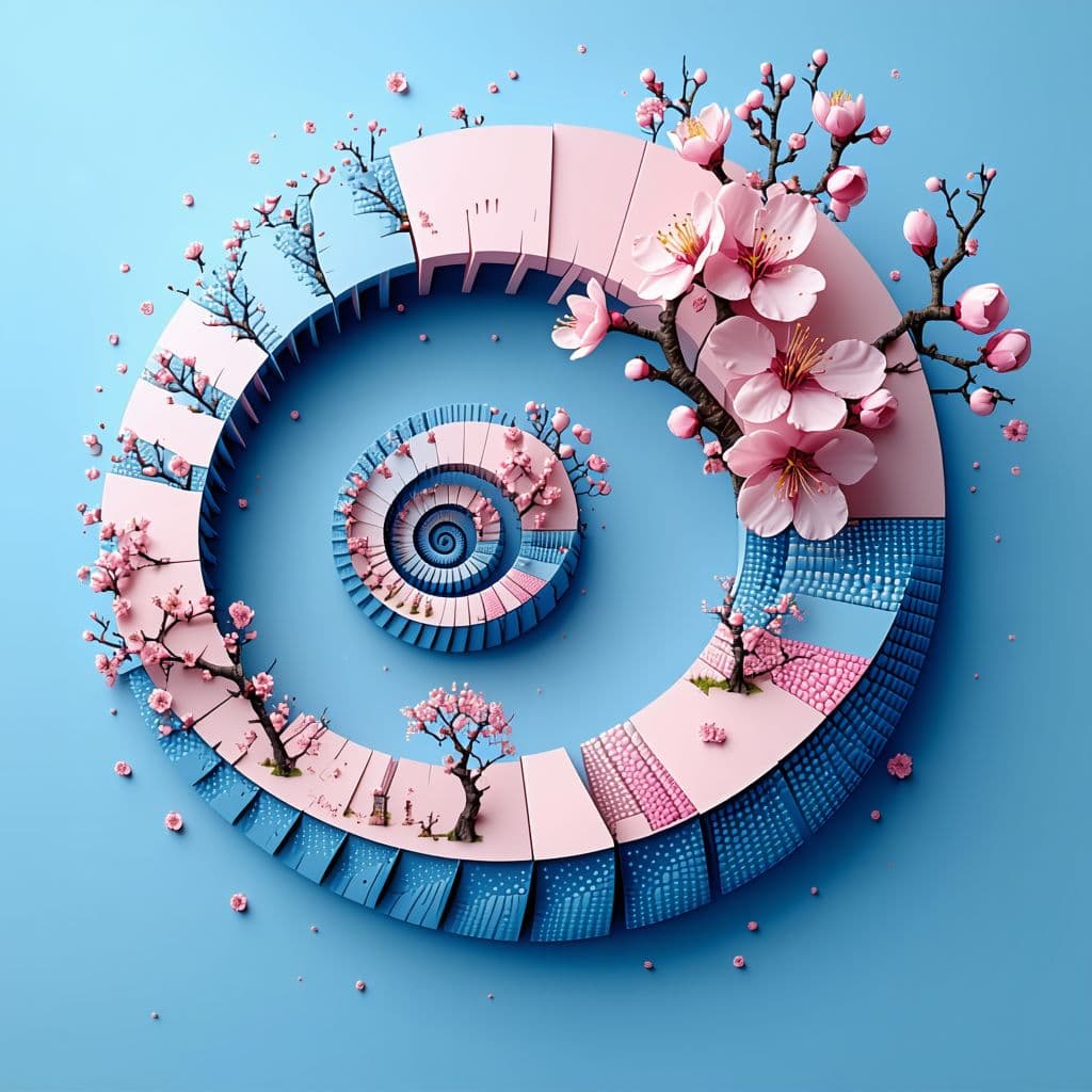 AI generated: Fibonacci sequence, cherry blossoms, blue background, pink accents.