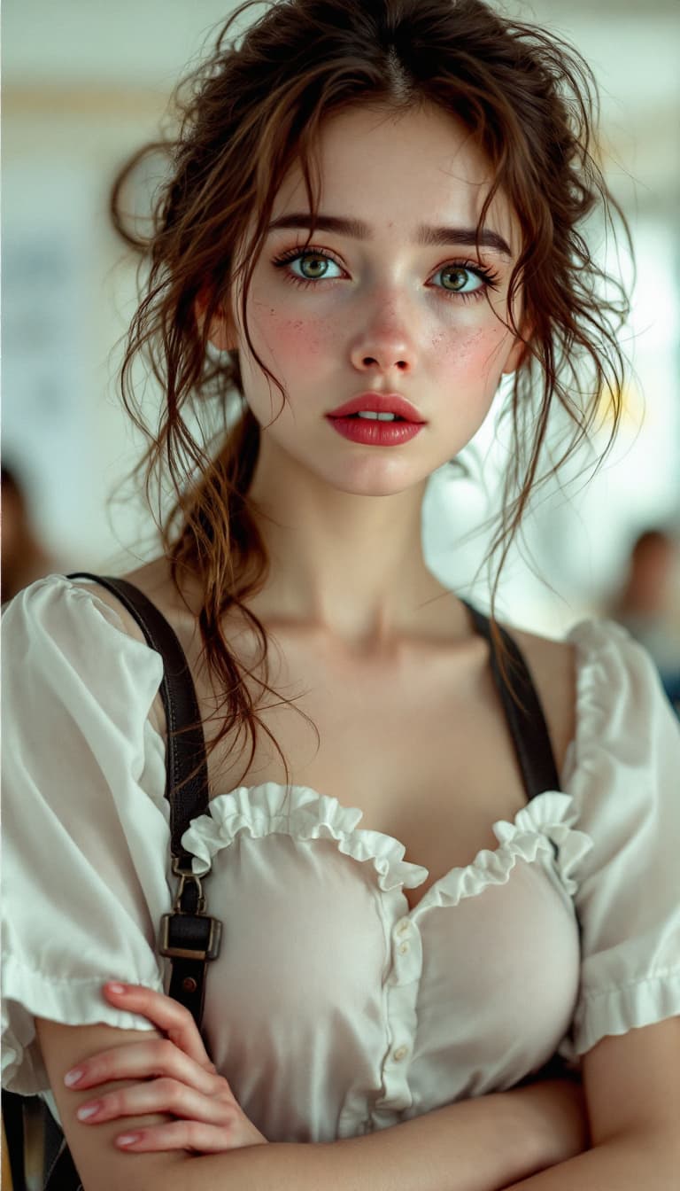 AI generated: Huge xl breast, woman with pure innocent gaze, pale face, little sad, expressive style, smudges, tea...