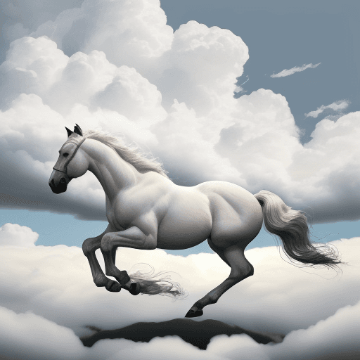 AI generated: horse with baby horse. clouds. heavens. running in clouds. baby horse is running after adult horse. ...