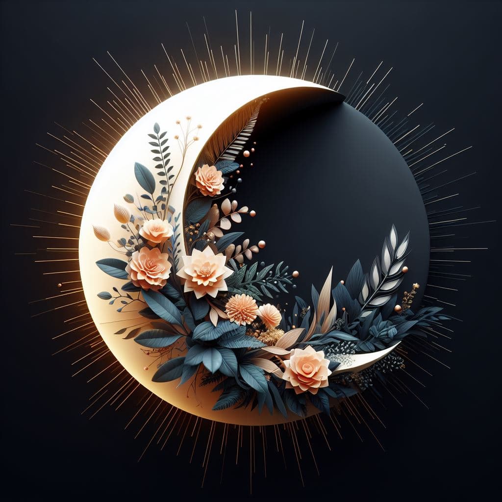 AI generated: abstract 3D shape half sun half moon, foliage and flowers incorporated, light emitting, black backgr...