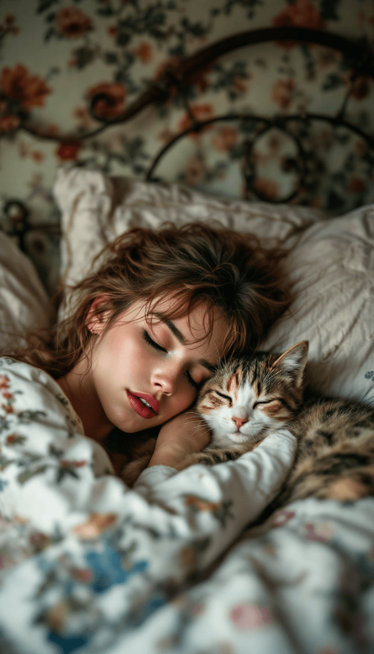 AI generated: a closeup photo of a bohemian woman with rosy skin and a cat, they are cuddled up and sleeping in a ...