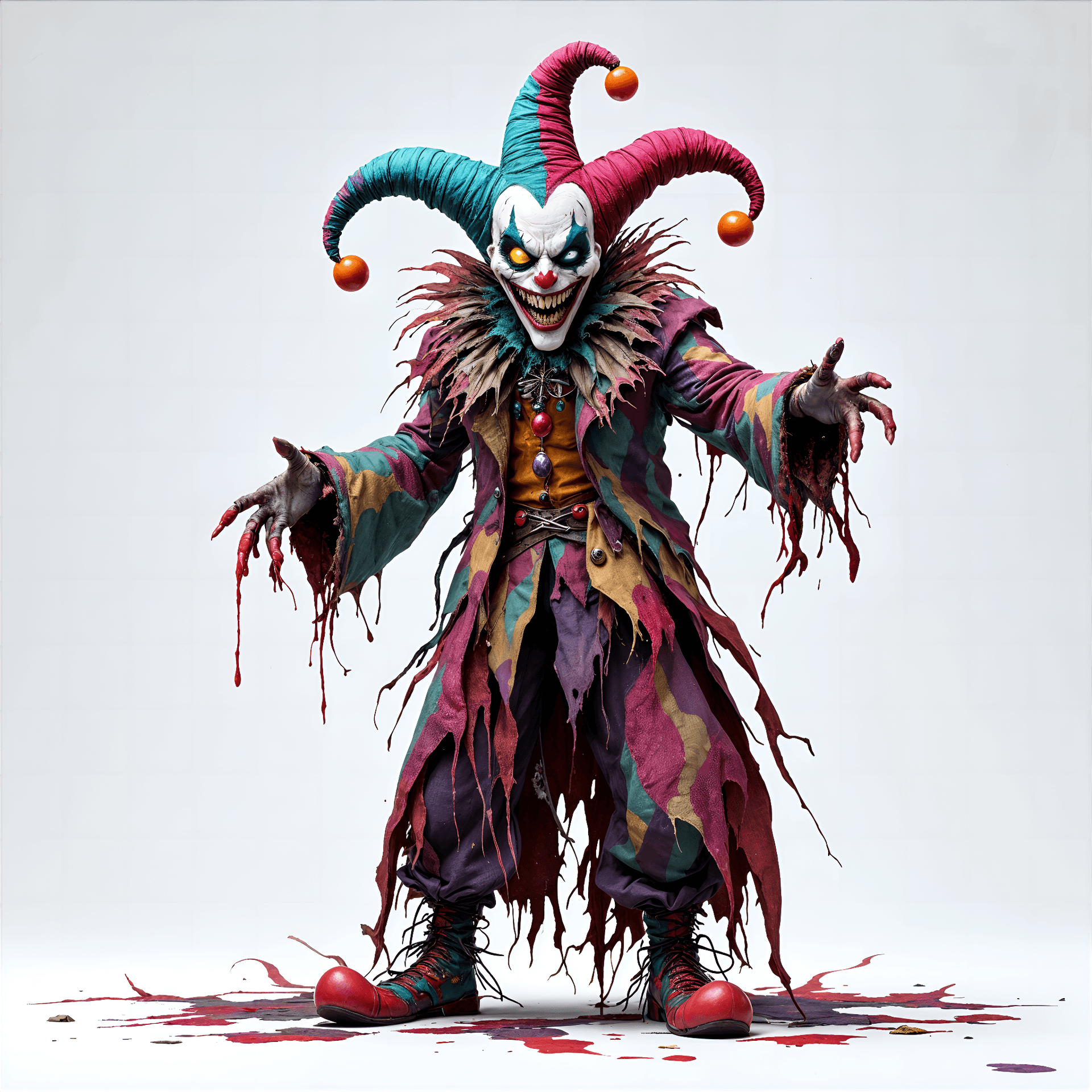 AI generated: Evil jester, full body view, white background, style of Raf Grassetti, vibrant yet ominous, eerie sm...