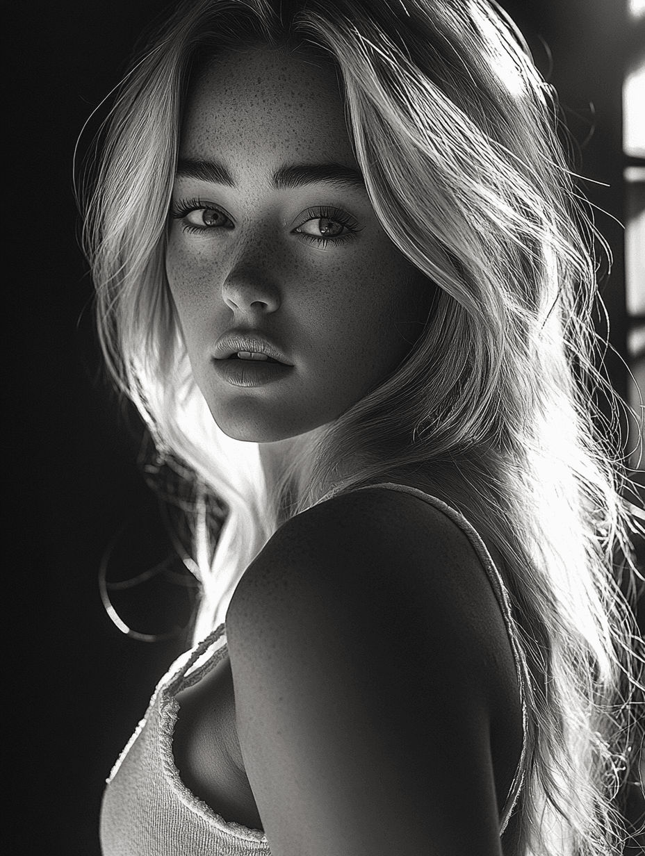 AI generated: create a photoshoot, full body shoot, dark setting, dramatic lighting, black and white, the model is...