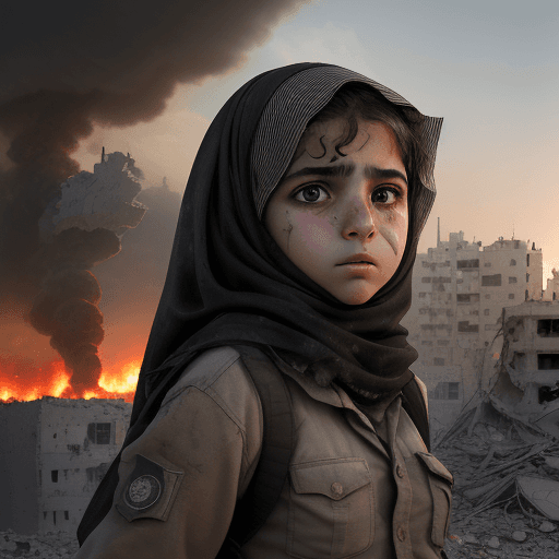 AI generated: A realistic image of a palestinian young girl, 13 years old, in a war gaza city, her facial expressi...