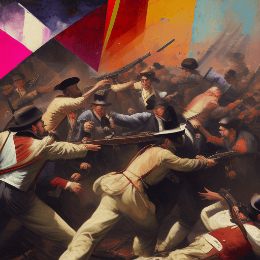 AI generated: a painting on canvas of a 1800s multitude, fighting with tourches guns and in colorful tones, in the...