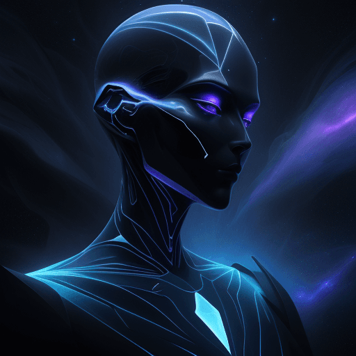 AI generated: angled close-up of a humanoid cosmic being who is wearing an elegant futuristic tailored suit, their...