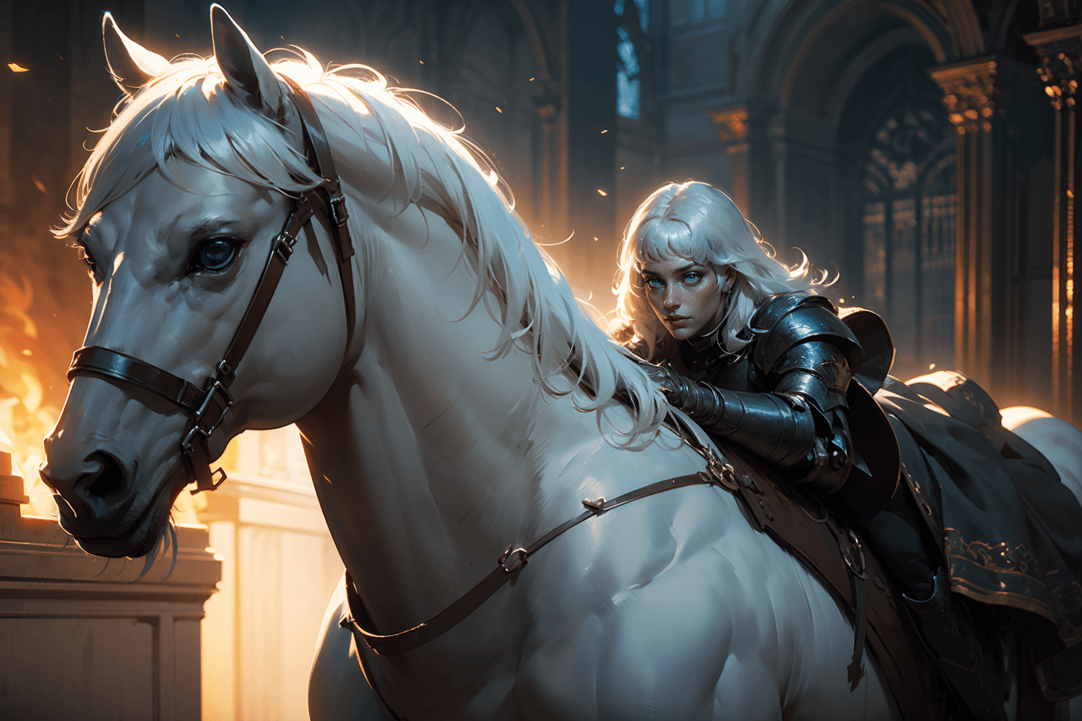 AI generated: ((griffith face:1.3)), zrpgstyle, (close-up portrait of a knight on a white horse:1.2), white long h...