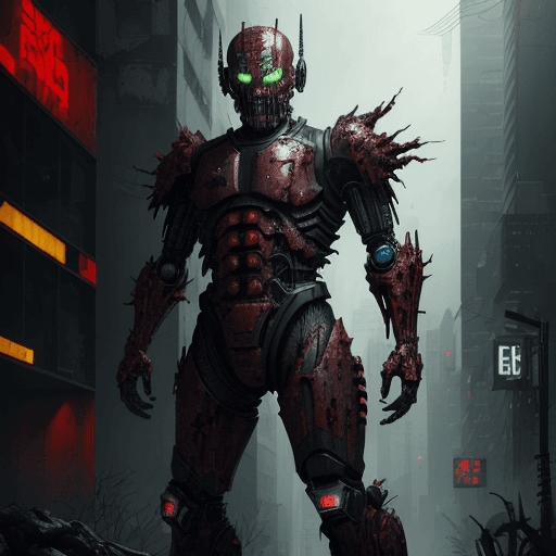 AI generated: Full body, ultra-wide photo red sci-fi armor zombie with cyber helmet, horrible face, horror style, ...