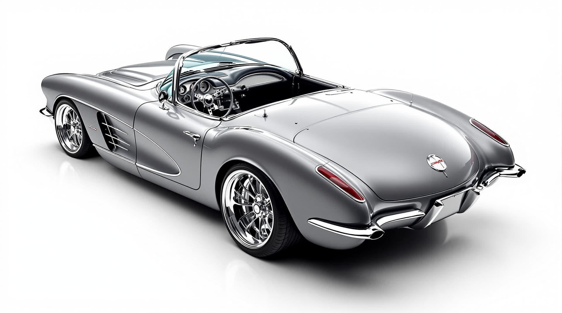 AI generated: Hyper realistic 1959 chevy corvette convertible, rear side top view, gray color, restomod with no ch...