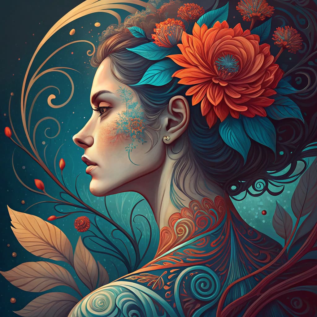 AI generated: Fibonacci sequence in nature, feminine, beautiful woman, elegant curves, rich textures, organic and ...