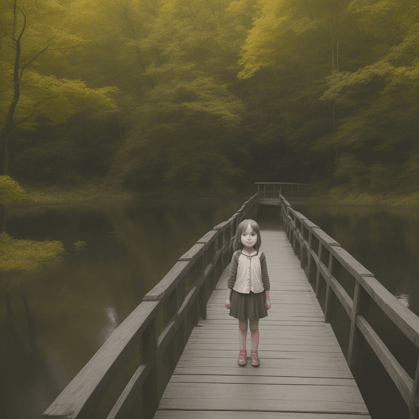 AI generated: A little girl standing on a wooden bridge