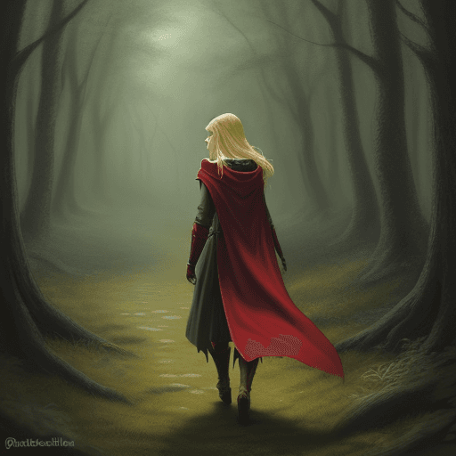 AI generated: a fantasy inspired drawing of a  blond girl in a red cloak, walking away in a dark  green forest