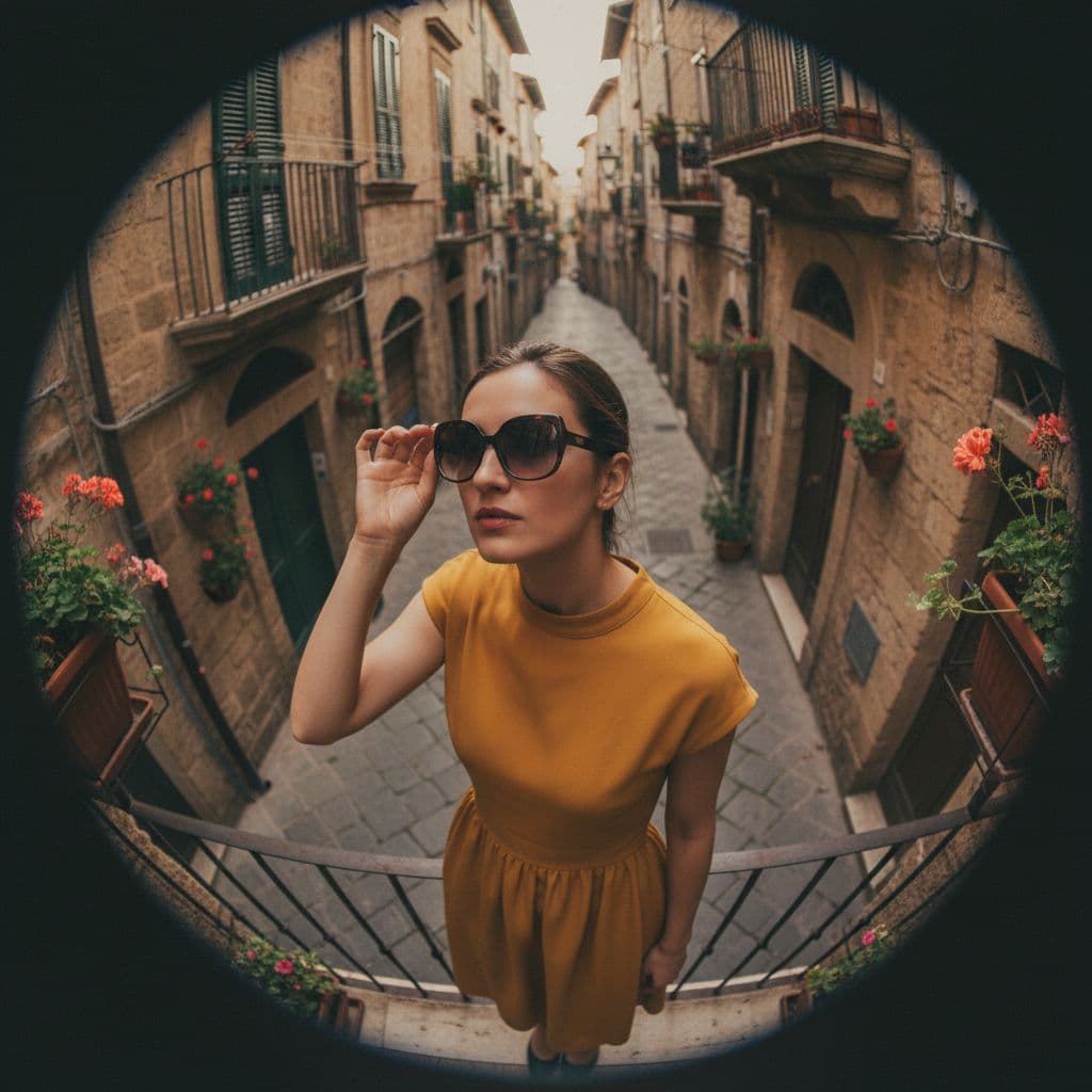 AI generated: oval image, like fish eye style, a woman in yellow dress with sunglasses in small italian like stree...