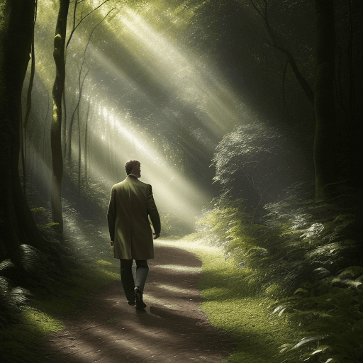 AI generated: A man walking through a lush green forest, bathed in brilliant sunshine filtering through the dense ...