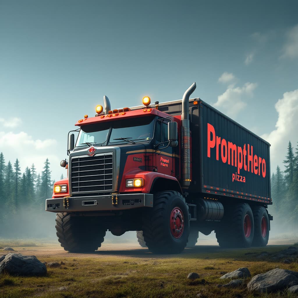 AI generated: a huge truck , the logo is "PromptHero pizza" , the huge truck is going to forest.