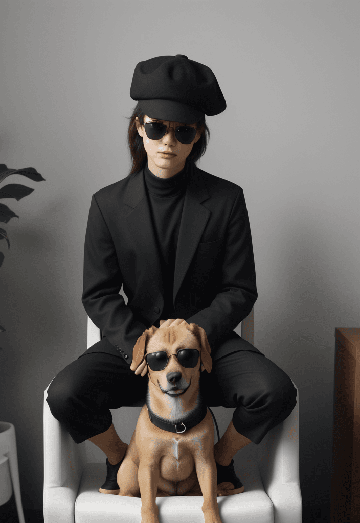 AI generated: the dog is sitting on a chair, wearing sunglasses and a cocked black hat
