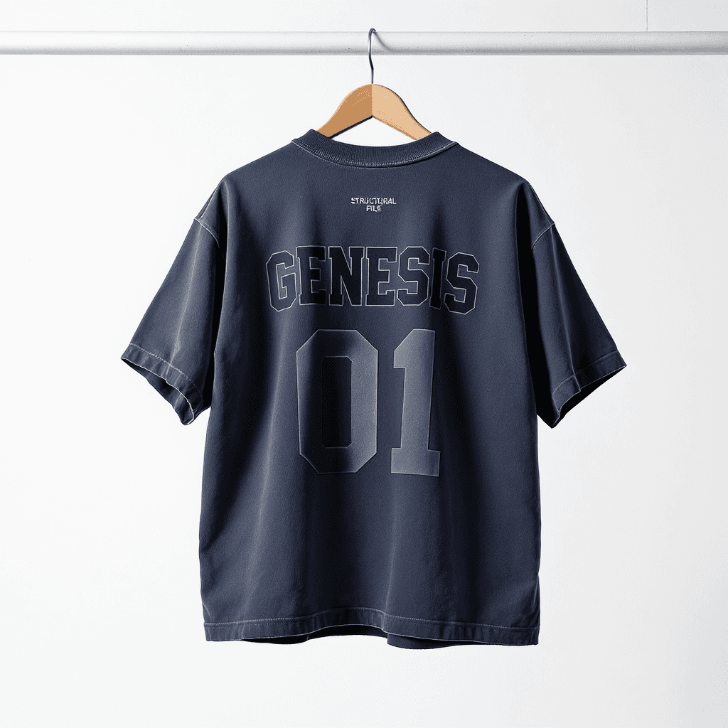 AI generated: Oversized short-sleeve washed navy blue T-shirt hanging from the ceiling with soft directional light...