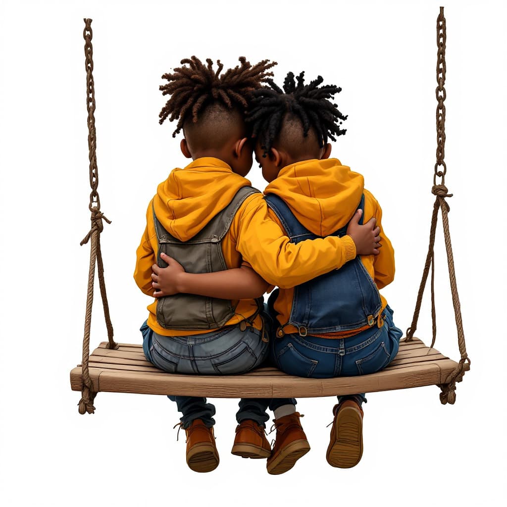 AI generated: 2 afro american kids, brother and sister, hugging, sitting closely together on a swing, arms on shou...
