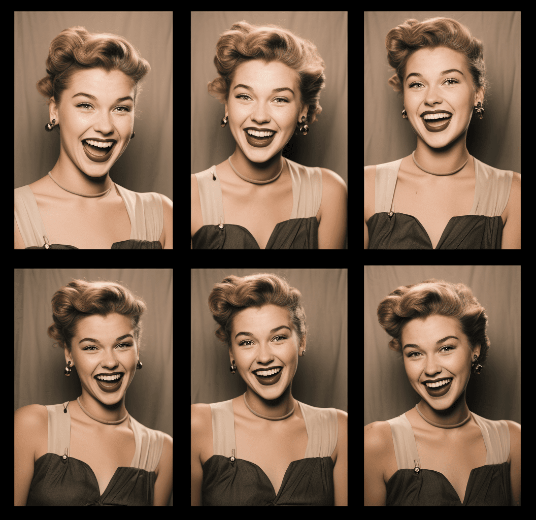 AI generated: A muted black and white photobooth film photograph of 6 panels with different poses of the same woma...
