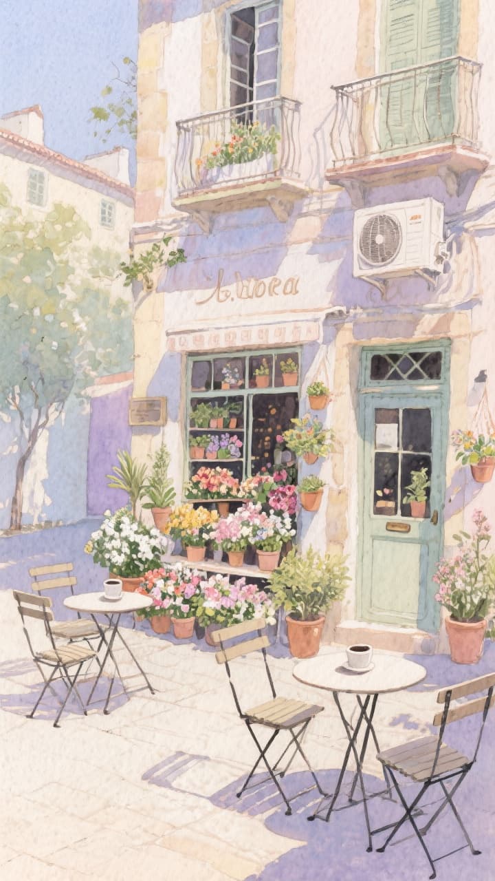AI generated: 
Flower store, coffee spot, tables, chairs, no one, windows, flowers, plants, potted plants, waterc...
