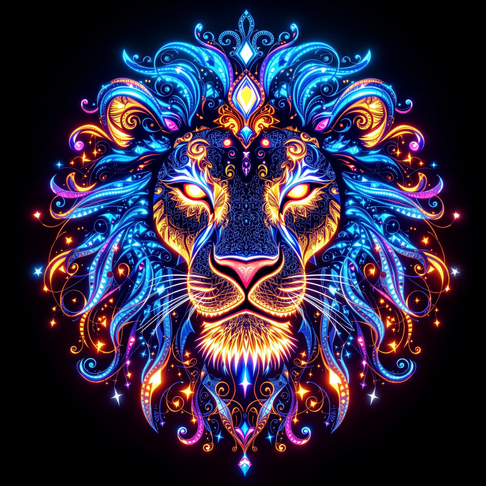 AI generated: luminous lion made of swirling filigree, glowing jewels, and iridescent neon patterns.
