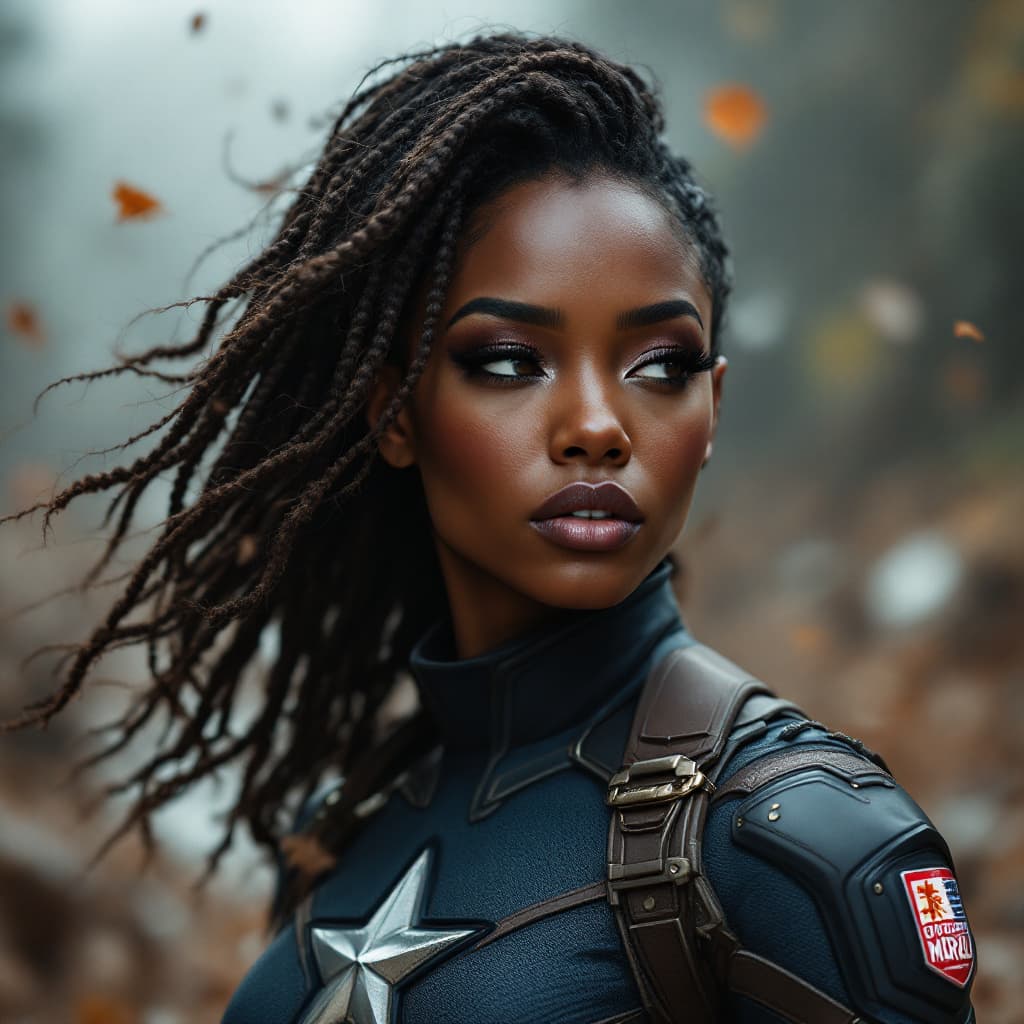 AI generated: black female African , (as captain america),