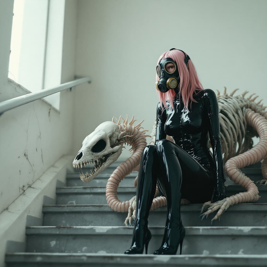AI generated: Full-body shot of a woman in a black latex catsuit wearing a large gas mask, no helmet. She is stand...
