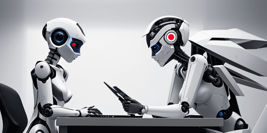 AI generated: Woman and lifelike robot working side by side at a computer, minimalist setting, stark white surroun...