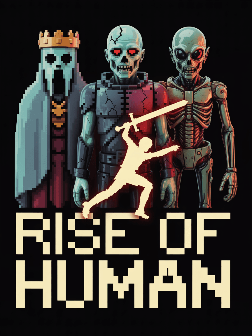 AI generated: Pixel art T-shirt graphic with transparent background. A gothic gaming scene showing four pixel avat...