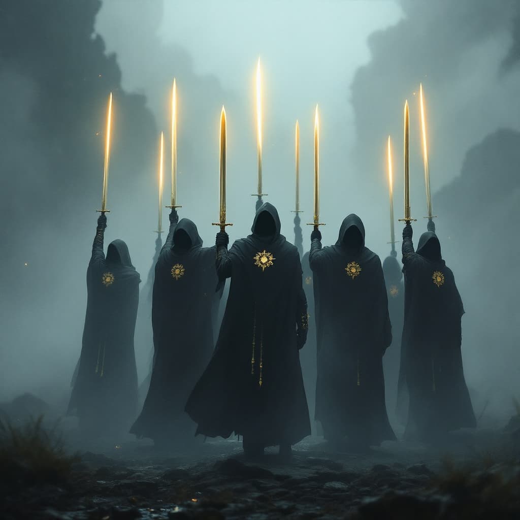 AI generated: In the fog stand seven swordsmen in black mantles with golden ornaments, their golden swords raised ...