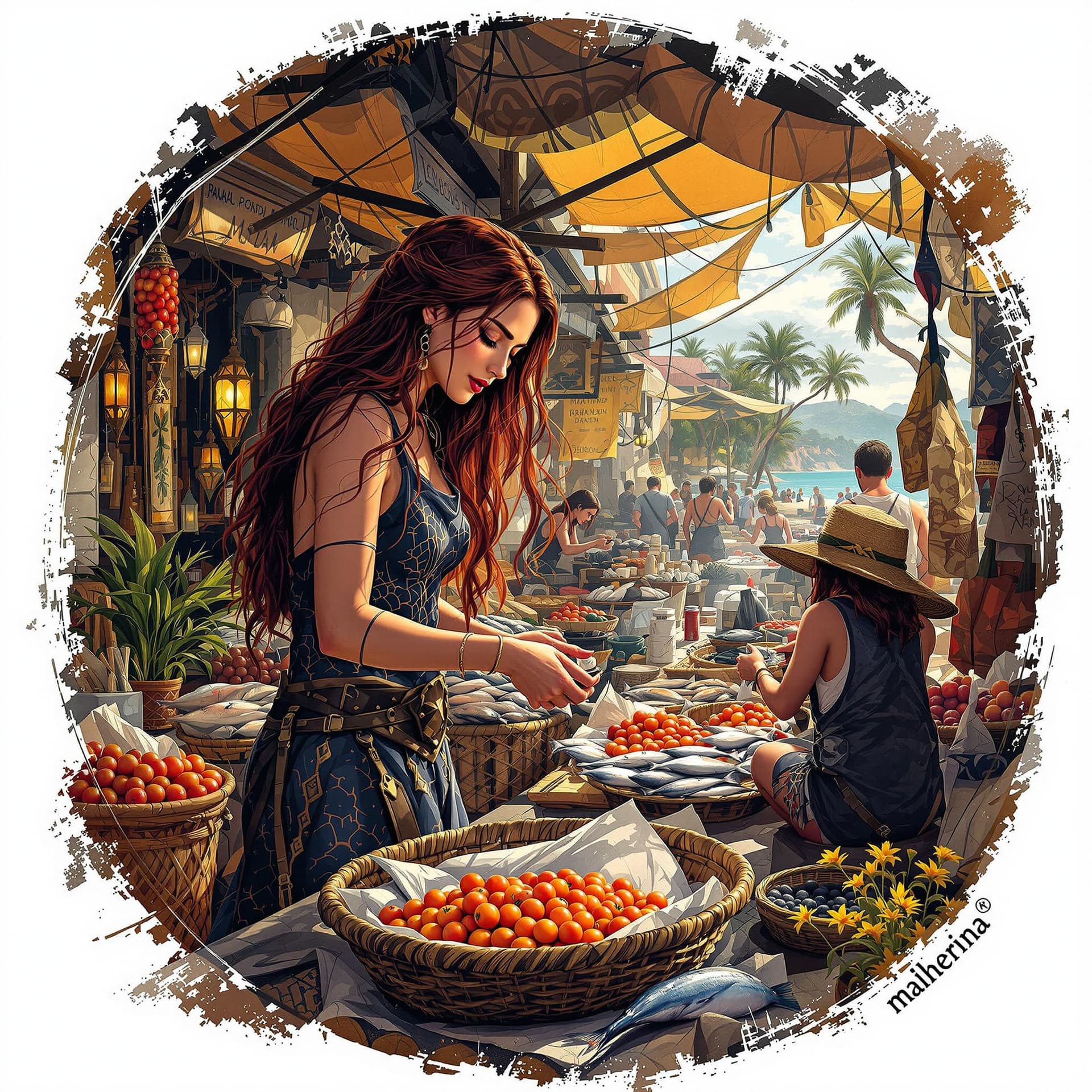 AI generated: I want a Picture of Malenia from elden ring taking a vacation going to a tropical Island, visiting t...