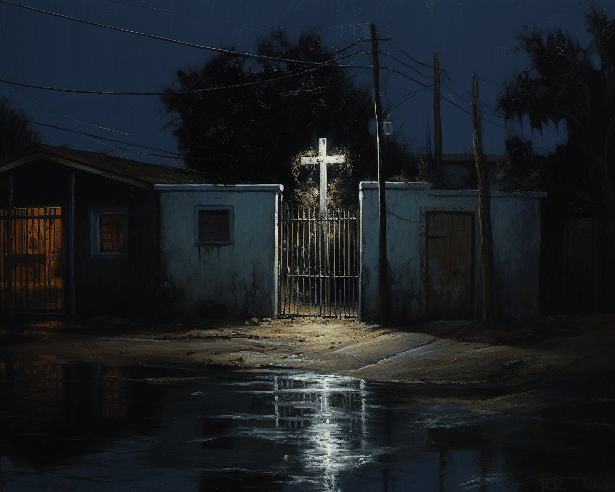 AI generated: oil painting of the side view entrance to an empty Mexican street at night, with an open gate and bl...