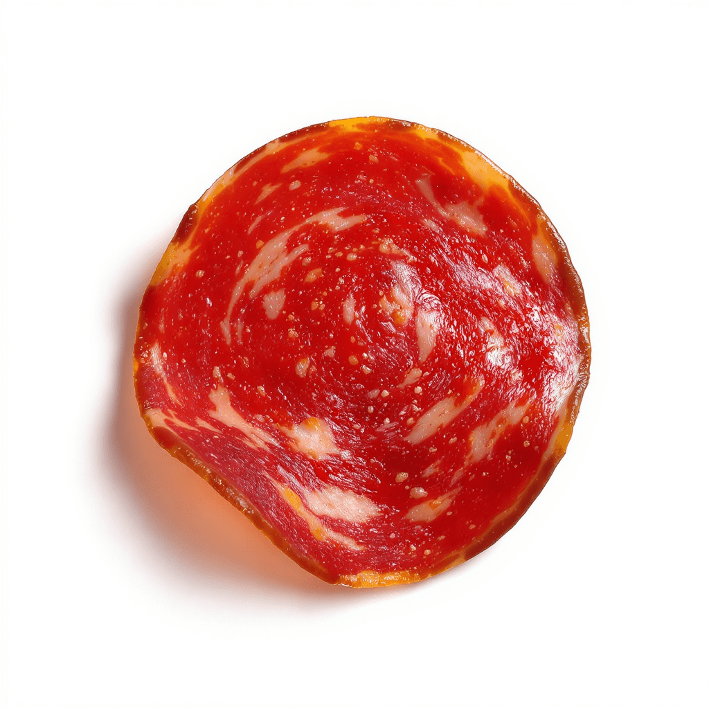 AI generated: A single slice of pepperoni, photo-realistic and ultra-detailed. The slice is slightly bent,  curled...