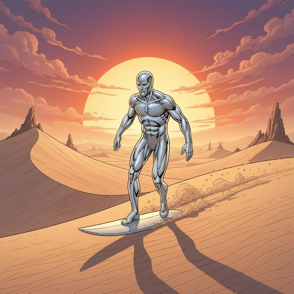 AI generated: Silver Surfer, 5D UHD,focus, rendering, soft lighting, Realistic ,balanced detailed comic book style...